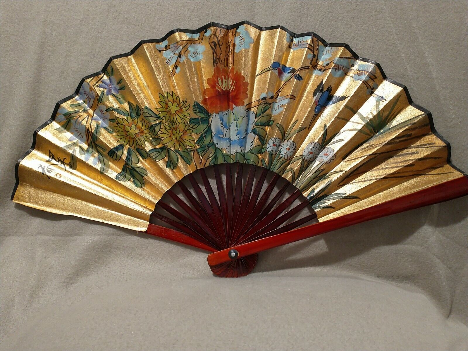 Antique Chinese Fan Signed Hand Painted Beautiful Rare Art China 12"x21"