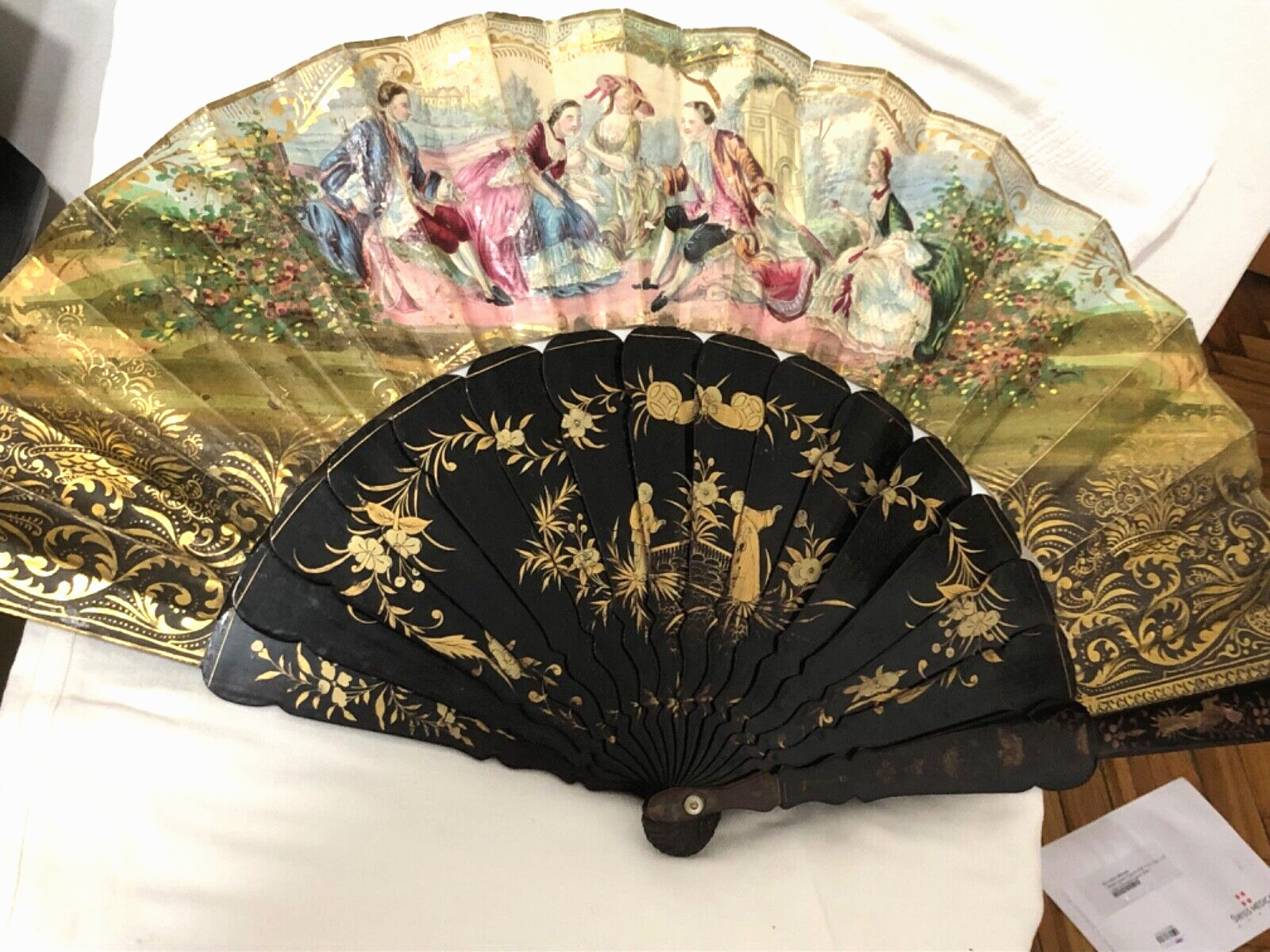 Unique Chinese Hand Painted Laquered Sticks Fan C 1890