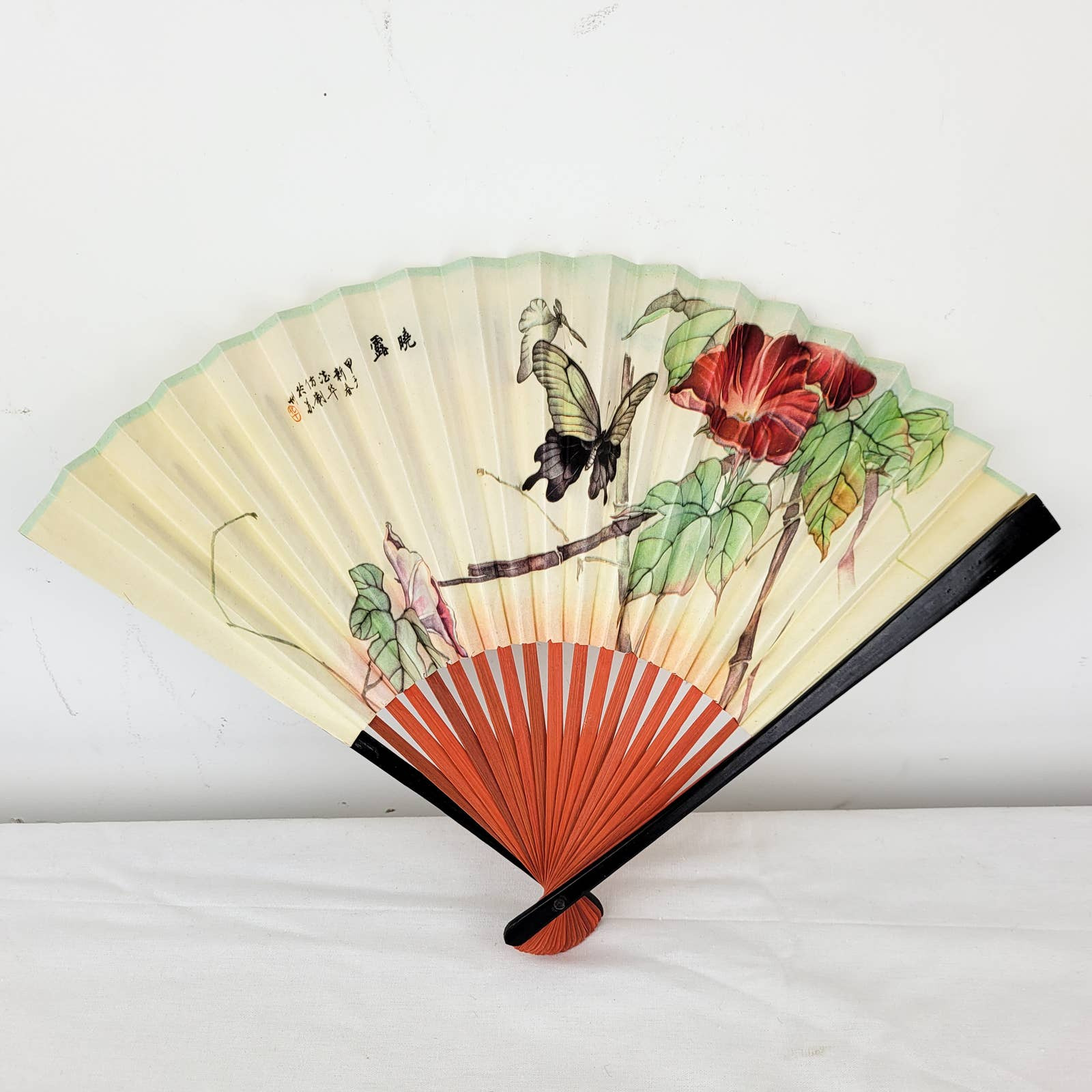 Vintage 50s 60s Chinese Caac Airlines Floral Butterfly Folding Paper Bamboo Fan