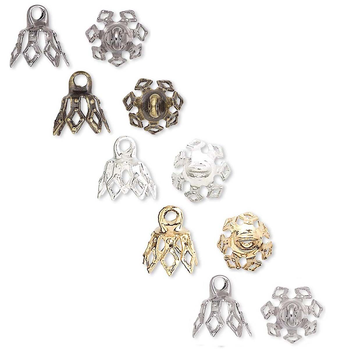 10 Bell Bead End Charm Caps With Loop & 7 Filigree Prong Legs Plated Brass Metal