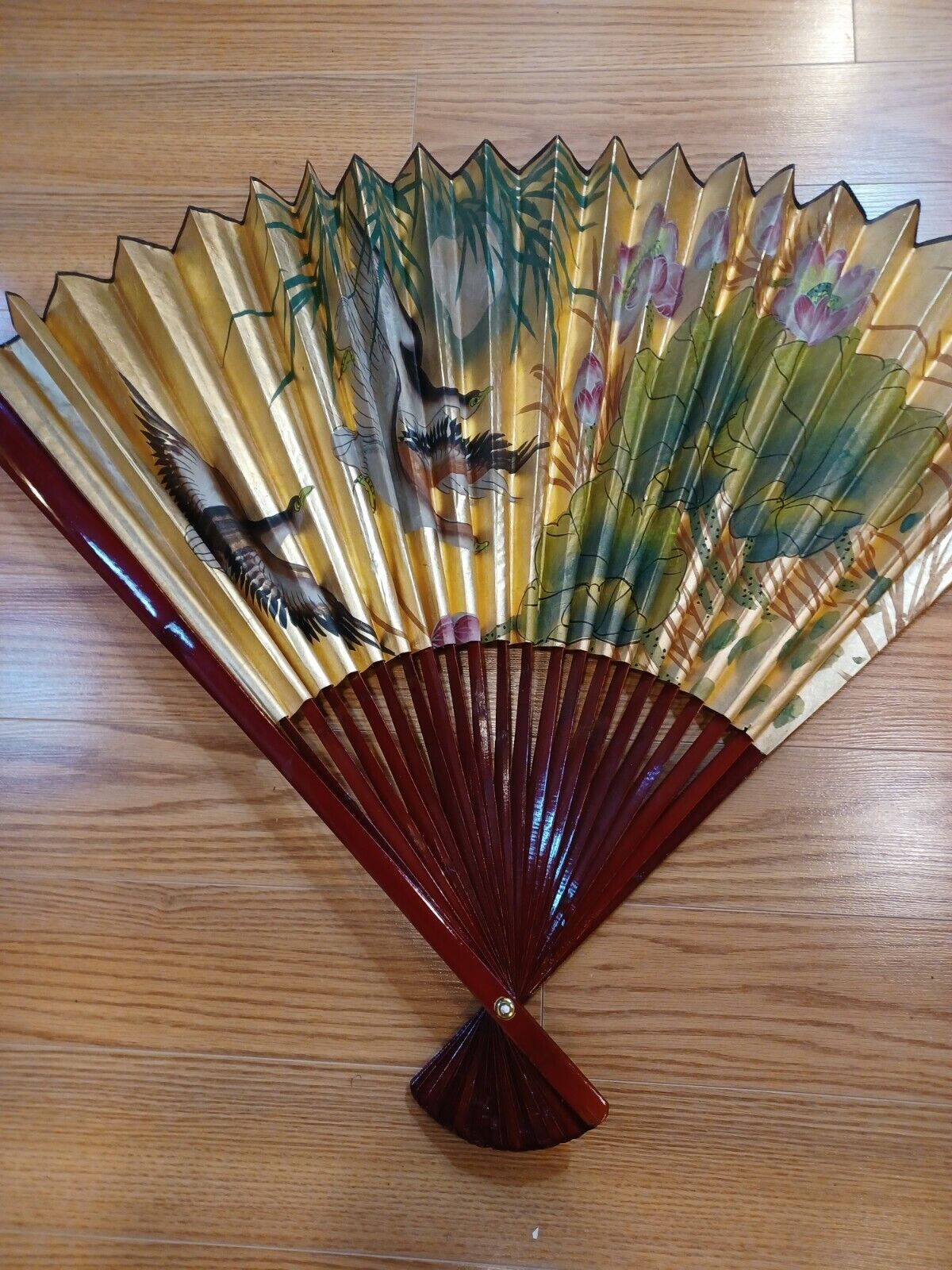 Large Vintage Asian Hand Painted Bamboo Wall Fan