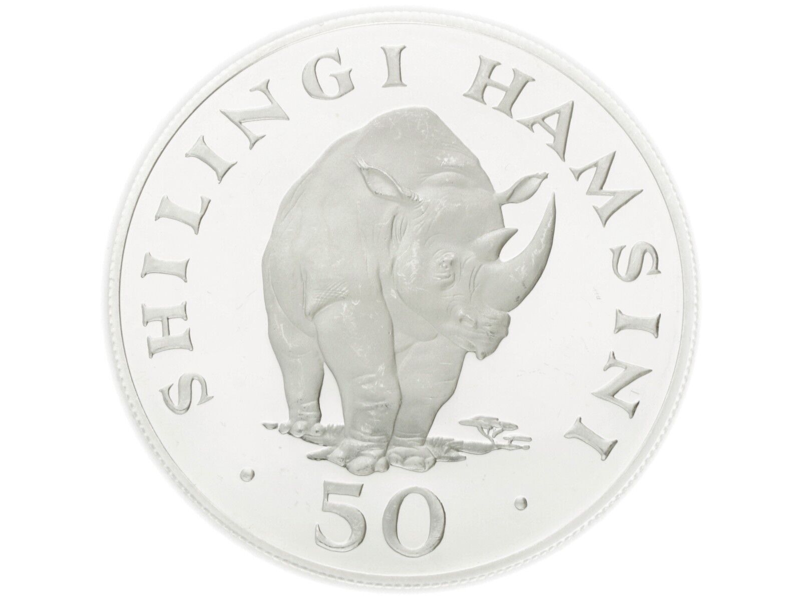 Tanzania - Silver 50 Shilingi Coin - " Black Rhinoceros " 1974 - Proof